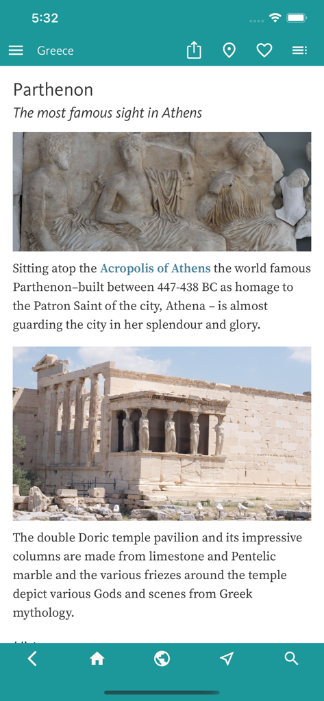 Ein Bildschirm aus der Griechenland-Reiseführer-App, der historische Informationen und Fotos des Parthenon und der Akropolis in Athen anzeigt.