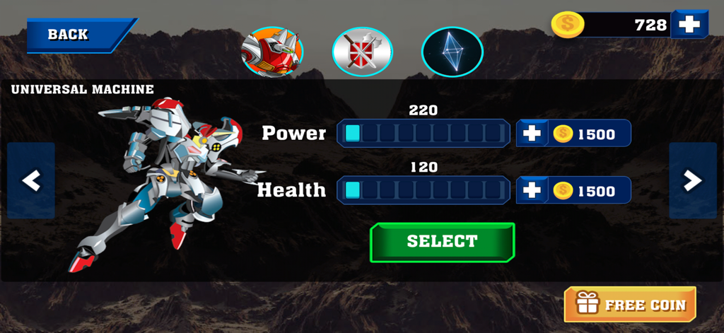 Robot Battle game character upgrade screen showing power and health stats for the Universal Machine
