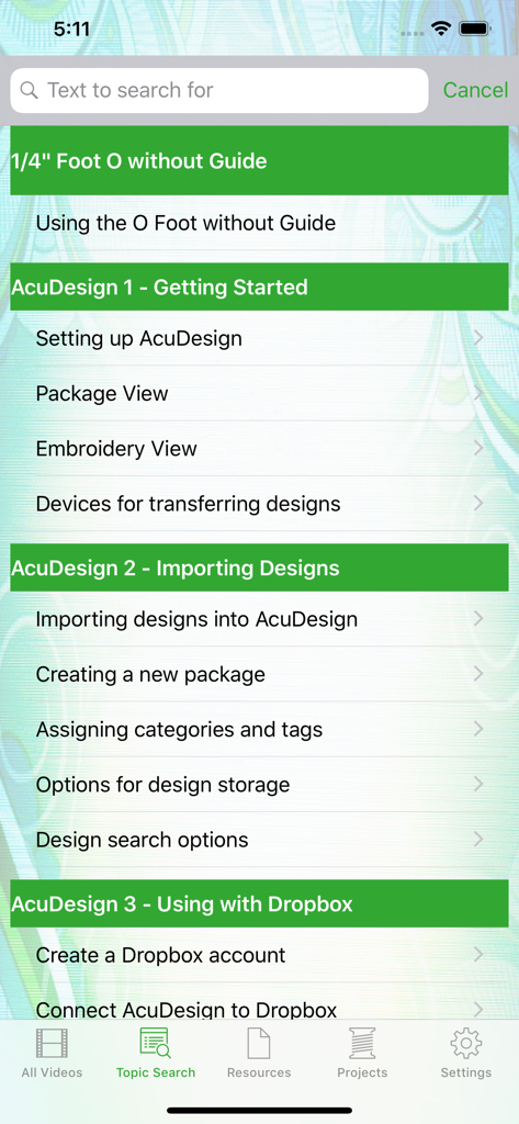 My 15000 - Menu di ricerca per argomento nell'app My 15000 che mostra un elenco di tutorial video per le funzioni della macchina Janome e il software AcuDesign
