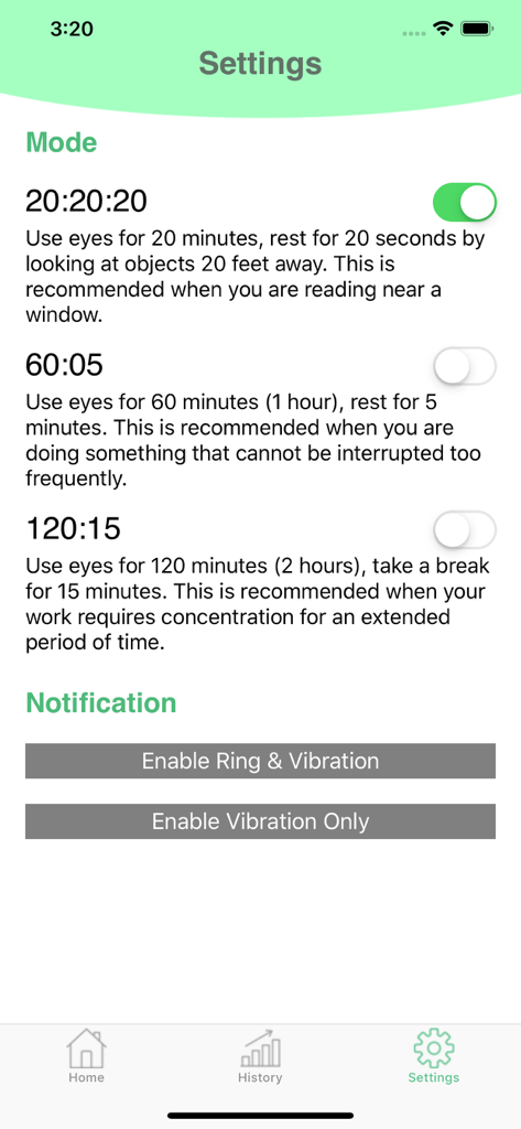 Eye Protector app settings page showing the 20-20-20 rule mode selection and notification options.