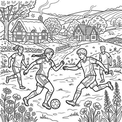 Experience the unexpected charm of our Cottagecore Soccer Players coloring page, blending energetic sports action with peaceful rustic scenery. This delightful design invites you to color athletes in a picturesque countryside setting, complete with quaint cottages and blooming wildflowers.