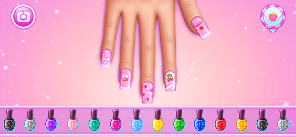 Nail Salon Games For Kids - Una interfaz de salón de uñas digital para niños con una mano con uñas decoradas de color rosa y una selección de botellas de esmalte con purpurina.