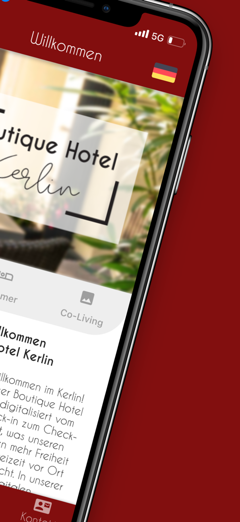 Kerlin - Smartphone screen displaying the welcome page of the Kerlin boutique hotel app with co-living information