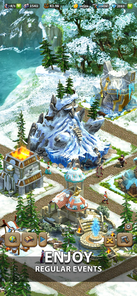 Un diseño de ciudad de fantasía con temática invernal en Elvenar que muestra paisajes nevados y edificios mágicos.