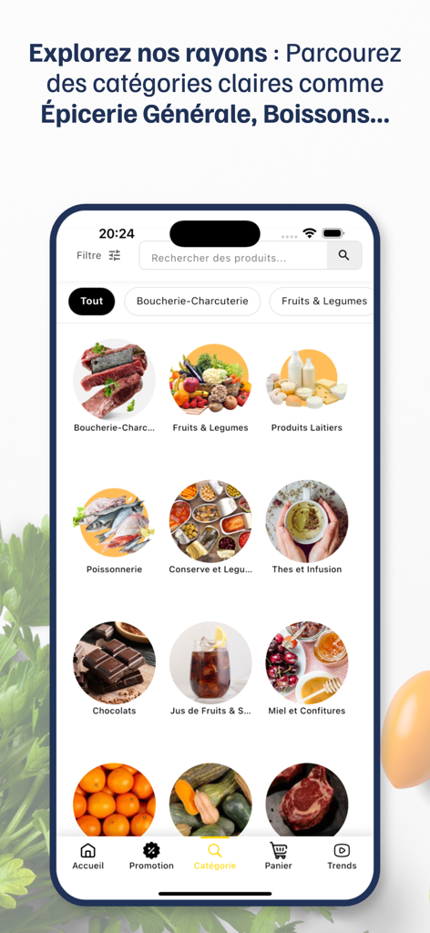 Shopreate - Store - A mobile interface for the Shopreate app showing organized grocery categories like meat, fruits, and dairy products