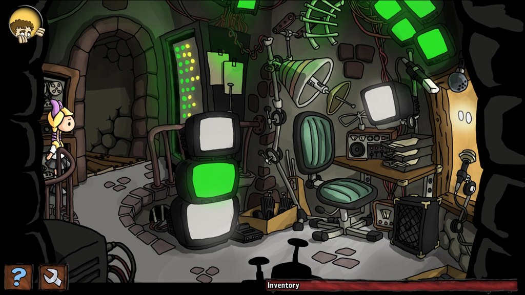 Lily explores a dark secret room filled with glowing vintage monitors and mechanical equipment in a 2D hand-drawn style