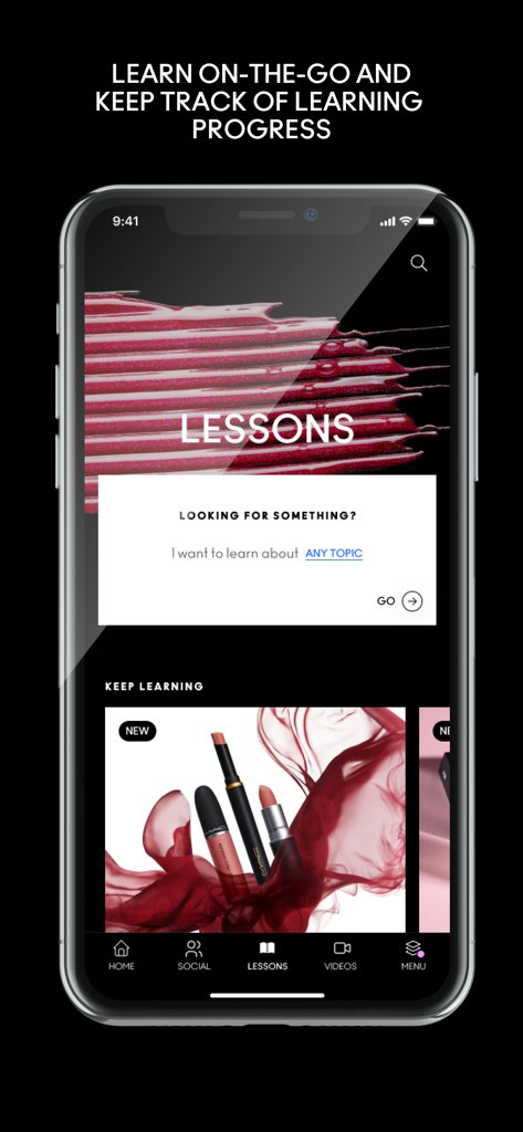 M·A·C X - Interface of the M·A·C X app showing the lessons section for makeup artist professional training and education.