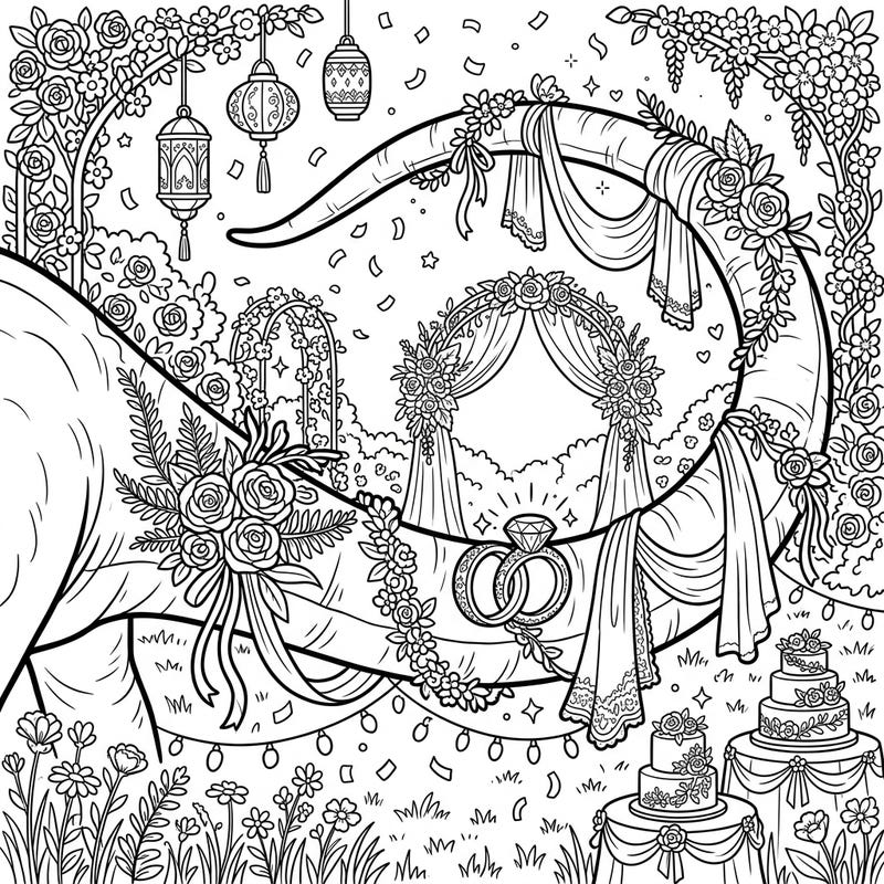 Step into a prehistoric fairy tale with this unique Brachiosaurus Tail Wedding coloring page, blending ancient wonders with romantic celebration. Adorned with delicate florals, sparkling rings, and festive elements, it promises a truly imaginative coloring experience.