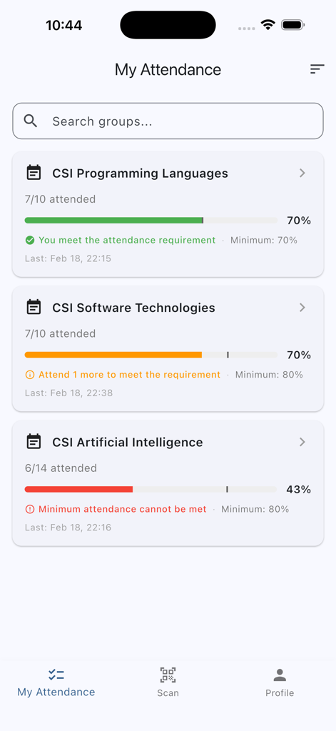 Eventor Play - Eventor Play app dashboard displaying student attendance progress and class requirements.