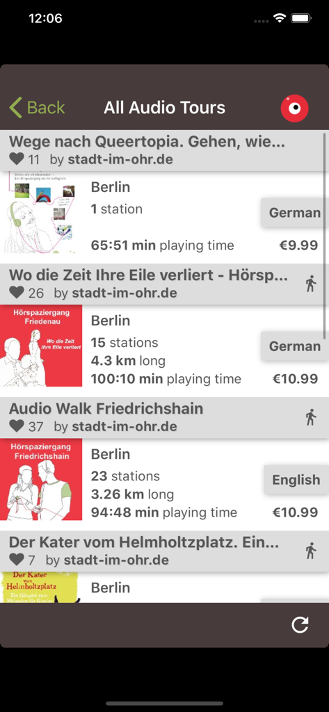 stadt im ohr audio tour Berlin - A list of immersive Berlin audio walking tours in the stadt im ohr app showing prices and tour durations