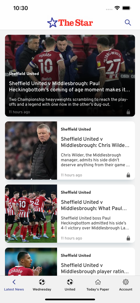 The Sheffield Star Newspaper - La interfaz de la aplicación The Sheffield Star que muestra un feed de artículos de noticias deportivas locales sobre Sheffield United