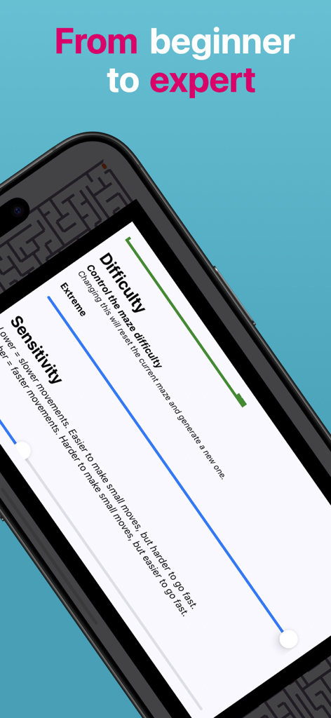 Maze Master: Brain Training - Captura de tela do aplicativo Maze Master mostrando configurações de dificuldade e sensibilidade para sessões de treino cerebral personalizadas.