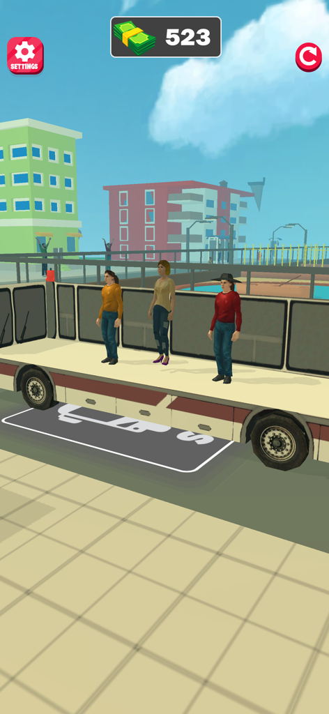 Ultimate Fun Park Simulator 3D - Characters standing on a shuttle bus in the amusement park management game interface.