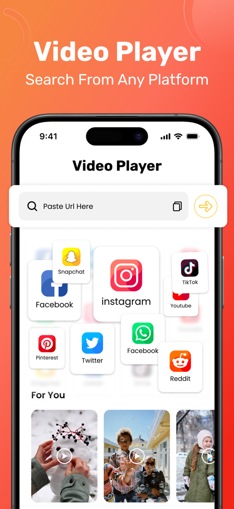 All Video Downloader & Play - Mobile App-Oberfläche eines Videoplayers mit einer URL-Einfügezeile und Symbolen für Social-Media-Plattformen wie Instagram und TikTok.