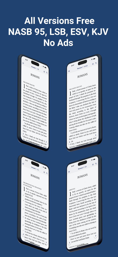 A display of the Literal Word app on four smartphones showing various Bible translations like NASB and ESV with a title saying All Versions Free and No Ads.