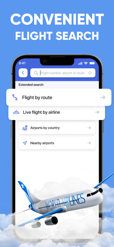 Una pantalla de teléfono móvil que muestra una conveniente interfaz de búsqueda de vuelos con opciones para rastrear por ruta, aerolínea o aeropuertos cercanos