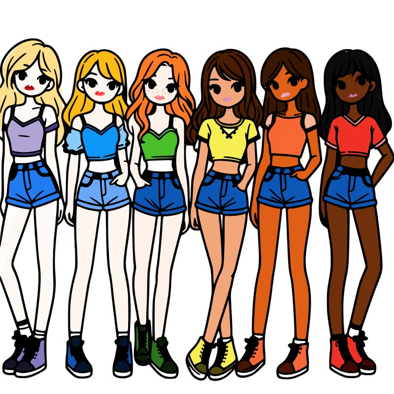 a group of girls wearing crop tops and shorts