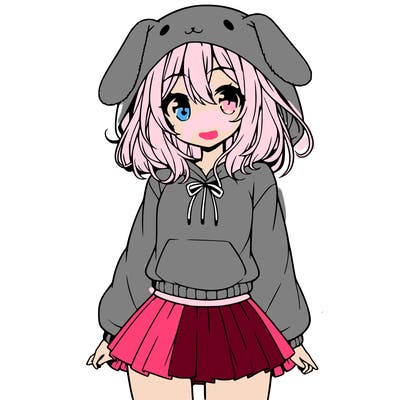 pretty anime girl wearing a fluffy hoodie with bunny ears on the hood and a skirt