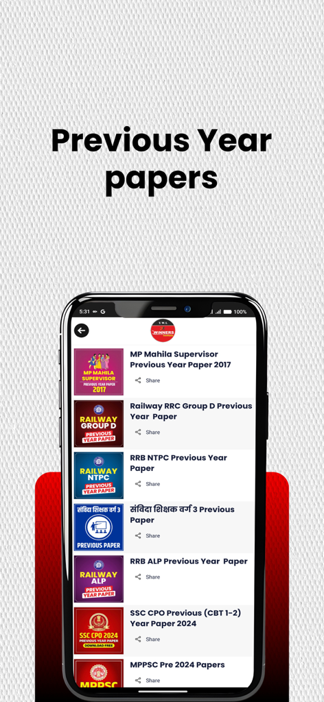 Winners Institute app screen showing a list of previous year exam papers for Indian government jobs like SSC Railway and MPPSC