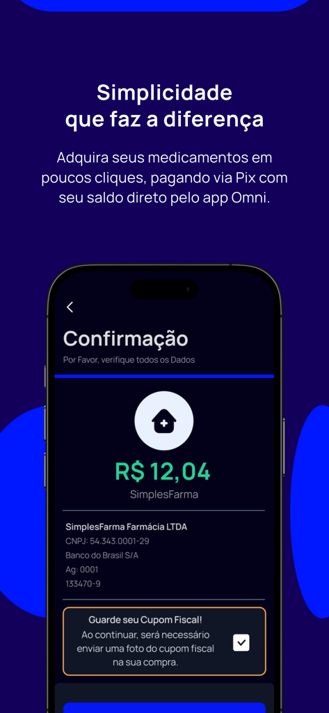 Payment confirmation screen of the Omni Saude app showing a medication purchase using a digital balance via Pix.