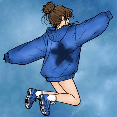 realistic girl jumping with a bun and oversized sweatshirt