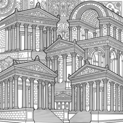Immerse yourself in the grandeur of ancient Rome with this intricate coloring page featuring magnificent temples. Discover the beauty of classical architecture, from towering columns to ornate carvings, ready for your creative touch.