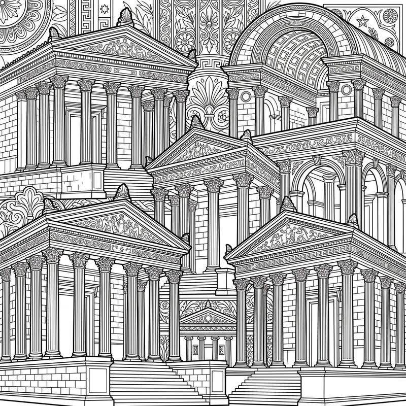 Immerse yourself in the grandeur of ancient Rome with this intricate coloring page featuring magnificent temples. Discover the beauty of classical architecture, from towering columns to ornate carvings, ready for your creative touch.