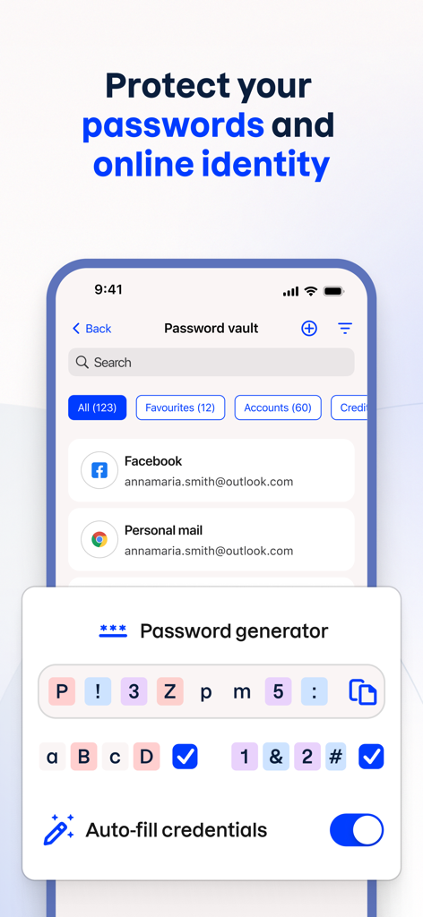 Interface do aplicativo F-Secure mostrando o cofre de senhas e a ferramenta geradora de senhas com opção de preenchimento automático de credenciais