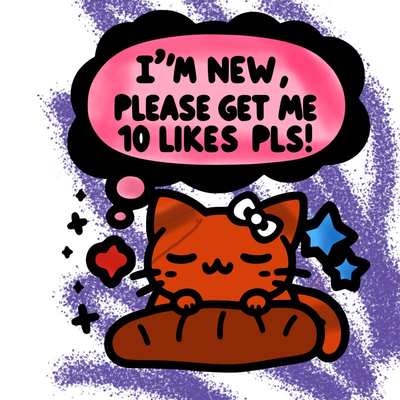 kitty taking a nap dream talking and saying "i'm new, please get me at least 10 likes pls!!"