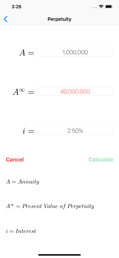 FinCalcPro Financial Solver - Perpetuity calculation screen in the FinCalcPro financial solver app showing annuity and interest variables.