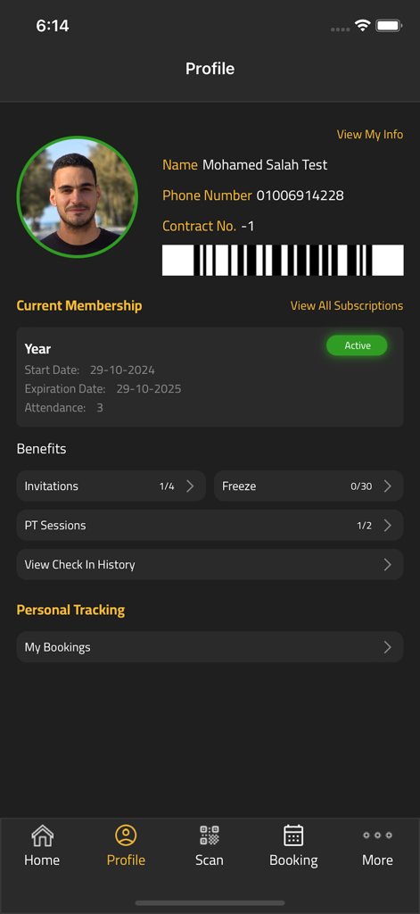 Be Hulk Gym - Profile view of the Be Hulk Gym app featuring membership details and a barcode