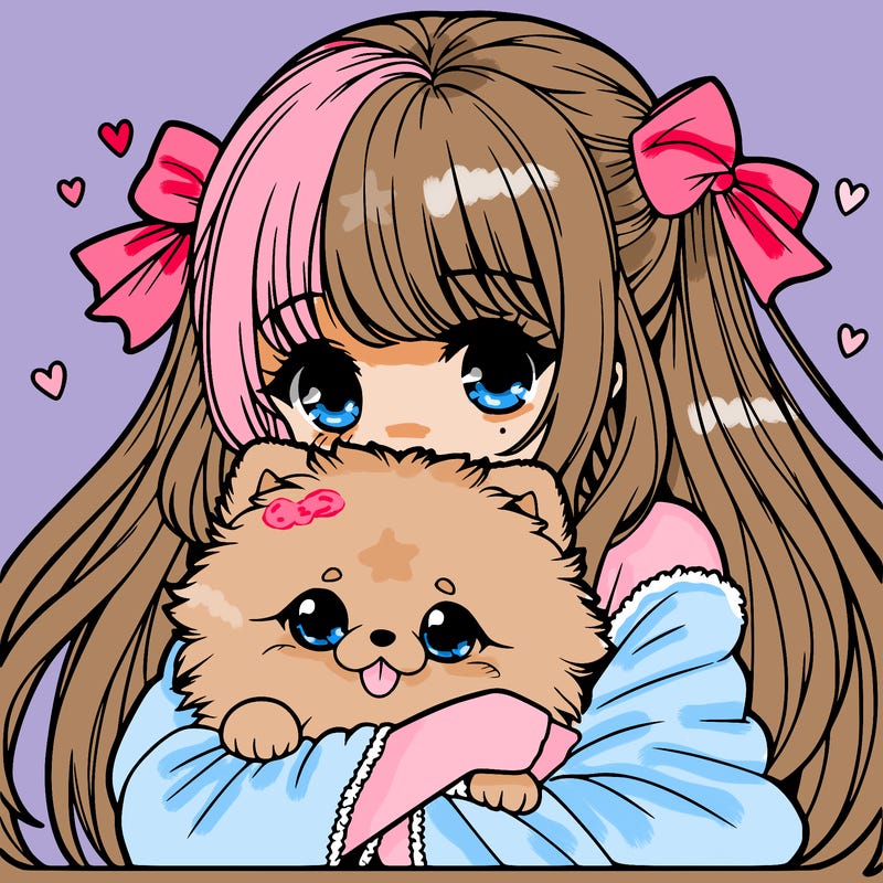 manga girl cuddling a kawaii pomeranian