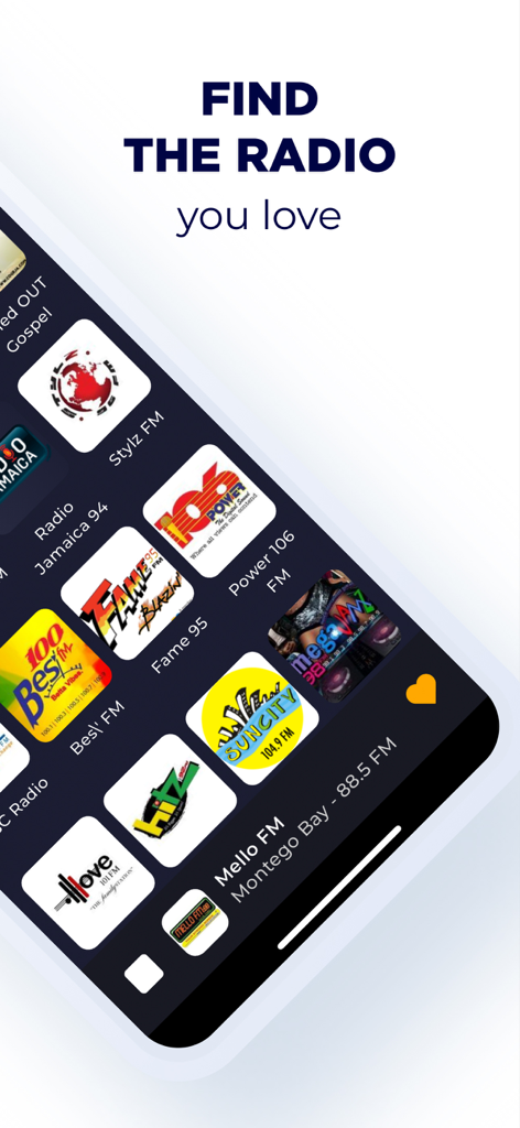 A mobile screen showing a selection of Jamaican radio station logos like Mello FM and Power 106 with the text Find the radio you love