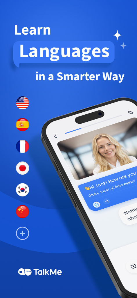 TalkMe App-Oberfläche mit einem KI-Tutor und Flaggen zur Sprachauswahl