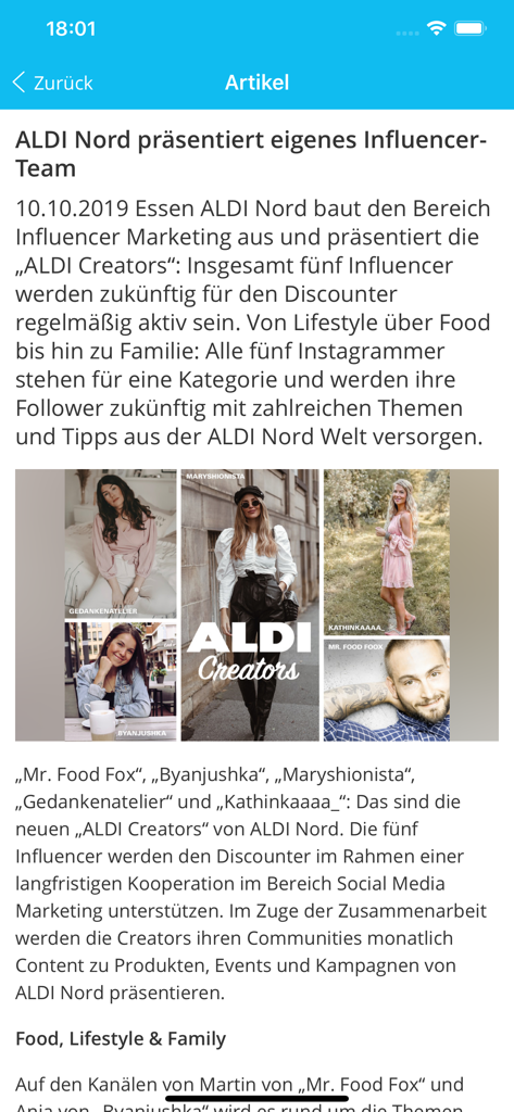 ALDIaner - Ecrã da aplicação ALDIaner exibindo um artigo de notícias sobre a equipa de influenciadores da ALDI Nord