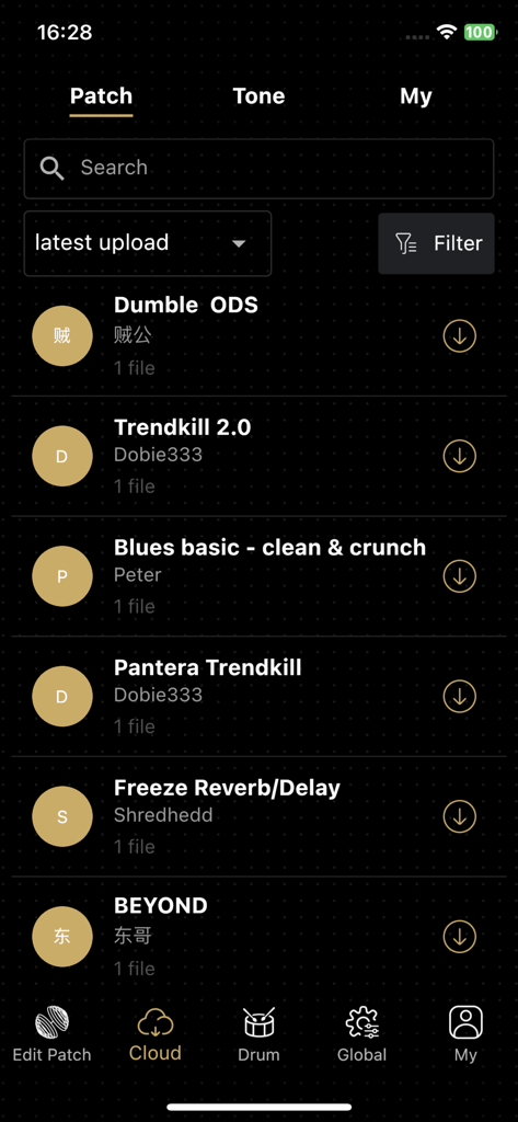 Ampero II Stage App zeigt eine Liste von herunterladbaren Gitarrenklang-Patches aus der Community.