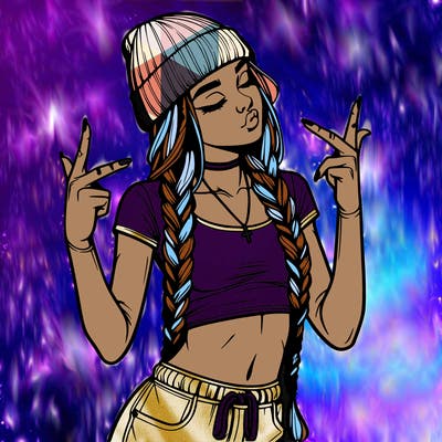 realistic teenage girl with braids and a beanie and crop top doing 🫶🏼