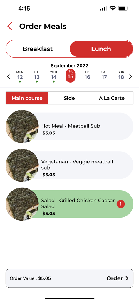 Interface of the MealManage app showing the lunch menu options for school meals with pricing and selection.