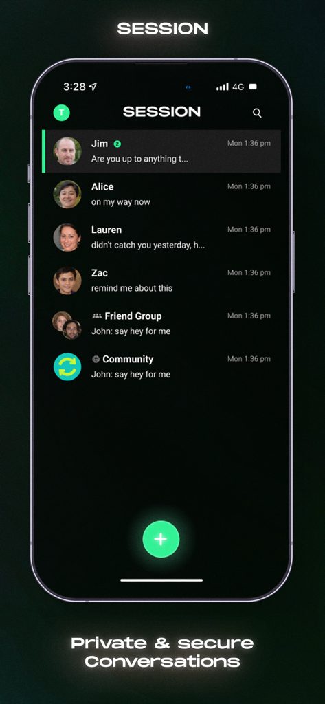 Screenshot of Session app showing a list of private and secure chat messages
