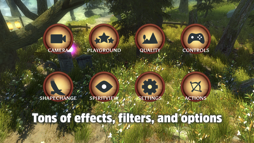 Nimian Legends BrightRidge HD game menu showing various gameplay options and filters over a forest background