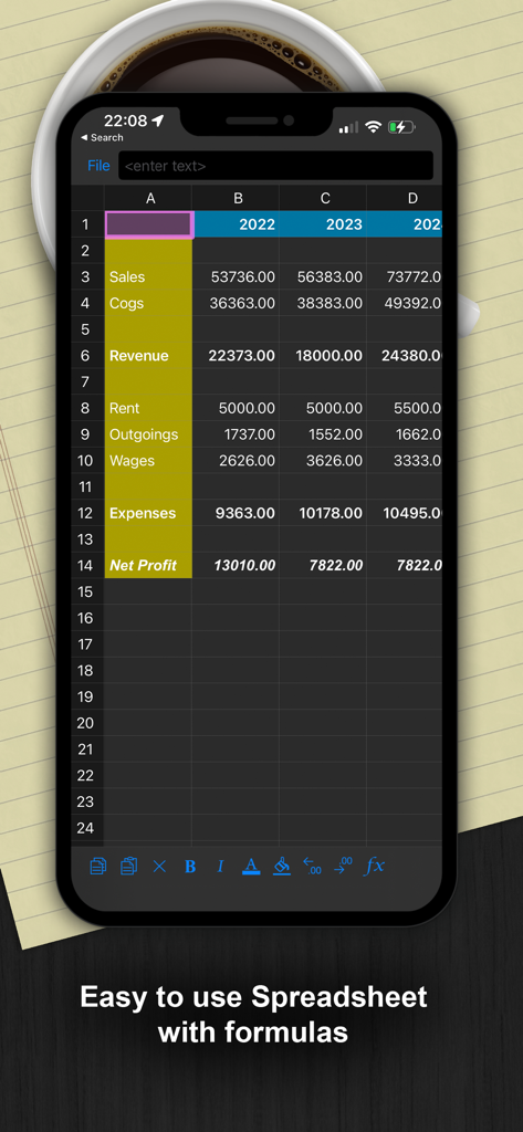 財務データと数式が表示されるダークモードのモバイルスプレッドシートインターフェイス