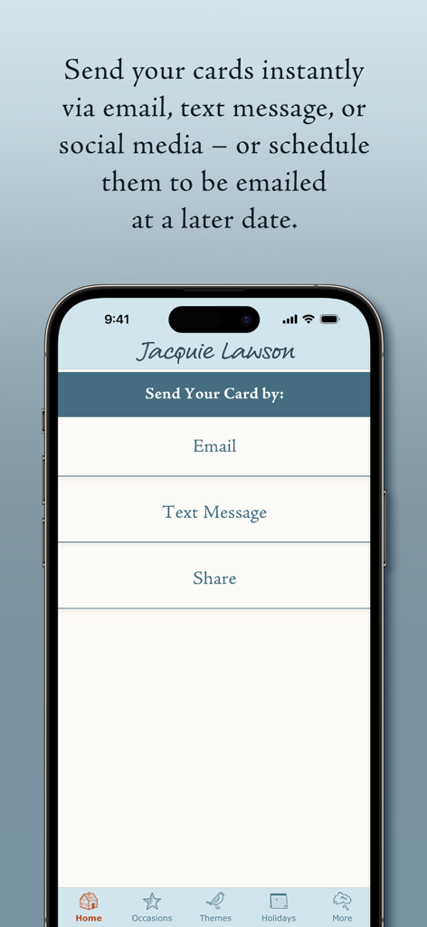 Écran de l'application Jacquie Lawson montrant les options d'envoi de cartes par e-mail, SMS ou médias sociaux