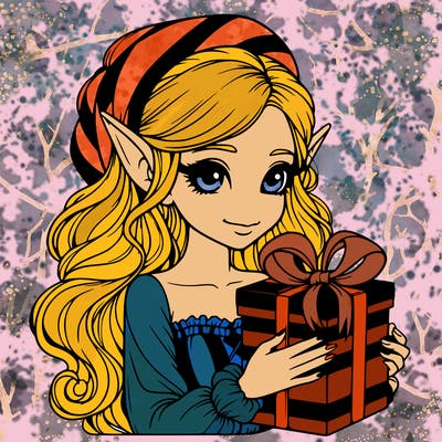 realistic girl with elf ears with a gift box