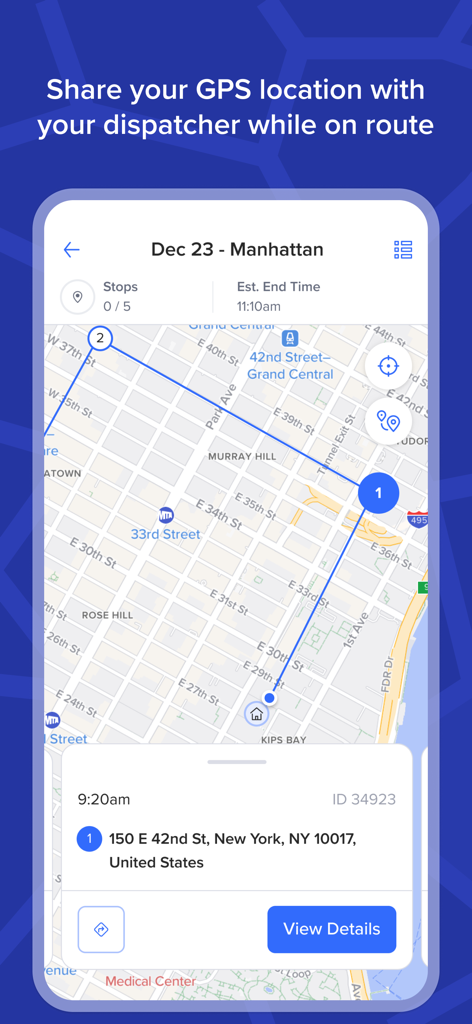 Interfaz de la aplicación Routific que muestra una ruta de entrega en Manhattan con ubicación GPS compartida en vivo para despachadores