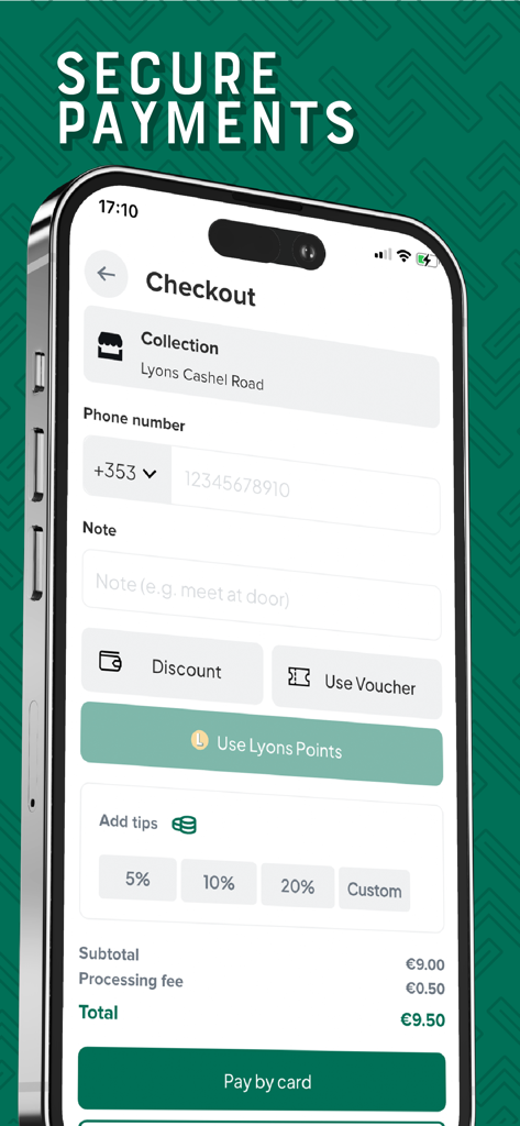 Lyons Takeaway mobile app checkout screen showing secure payment and collection options