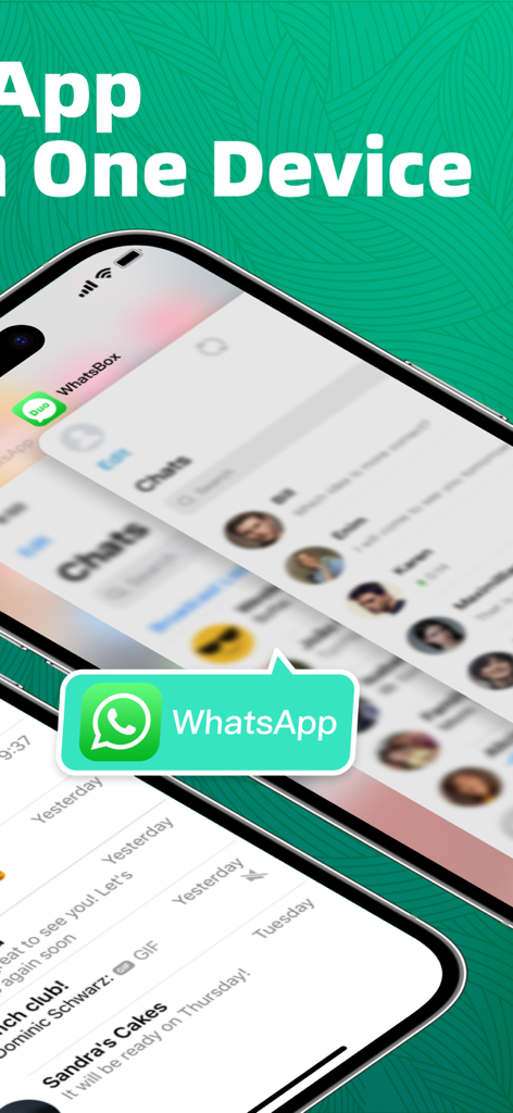 WhatsBox - Dual Chat for WA - WhatsBox app interface showing dual WhatsApp accounts running on a single iPhone