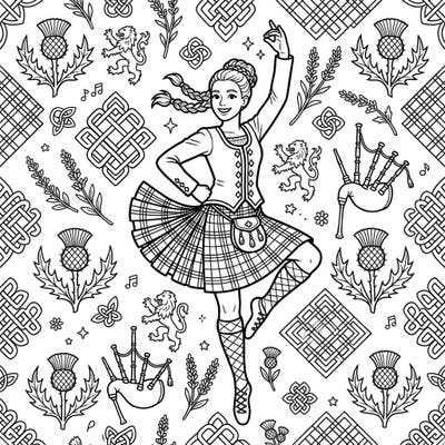 Capture the spirit of Scotland with this lively coloring page featuring a traditional Scottish Highland dancer. Embellished with classic motifs like thistles and tartan patterns, it offers an engaging creative experience.
