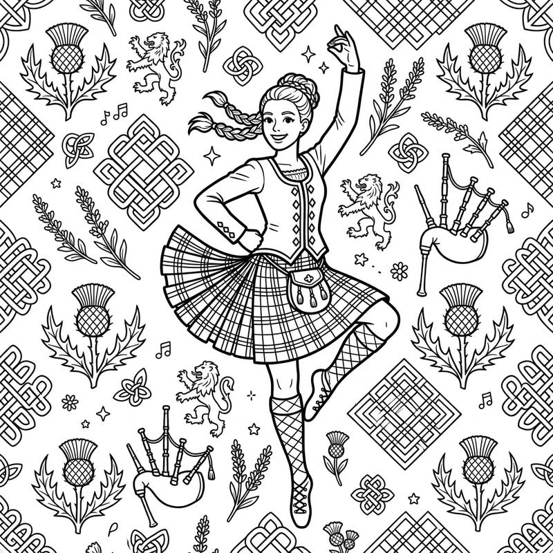 Capture the spirit of Scotland with this lively coloring page featuring a traditional Scottish Highland dancer. Embellished with classic motifs like thistles and tartan patterns, it offers an engaging creative experience.