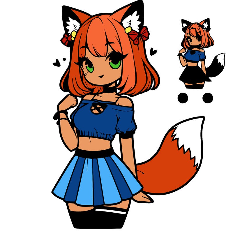 eevee girl that has ears and tail wearing crop top and skirt and a very very cute hair style