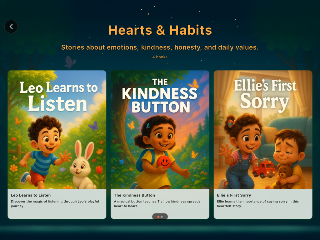Winkabook iPad app displaying children storybooks about emotions and kindness in the Hearts and Habits category.